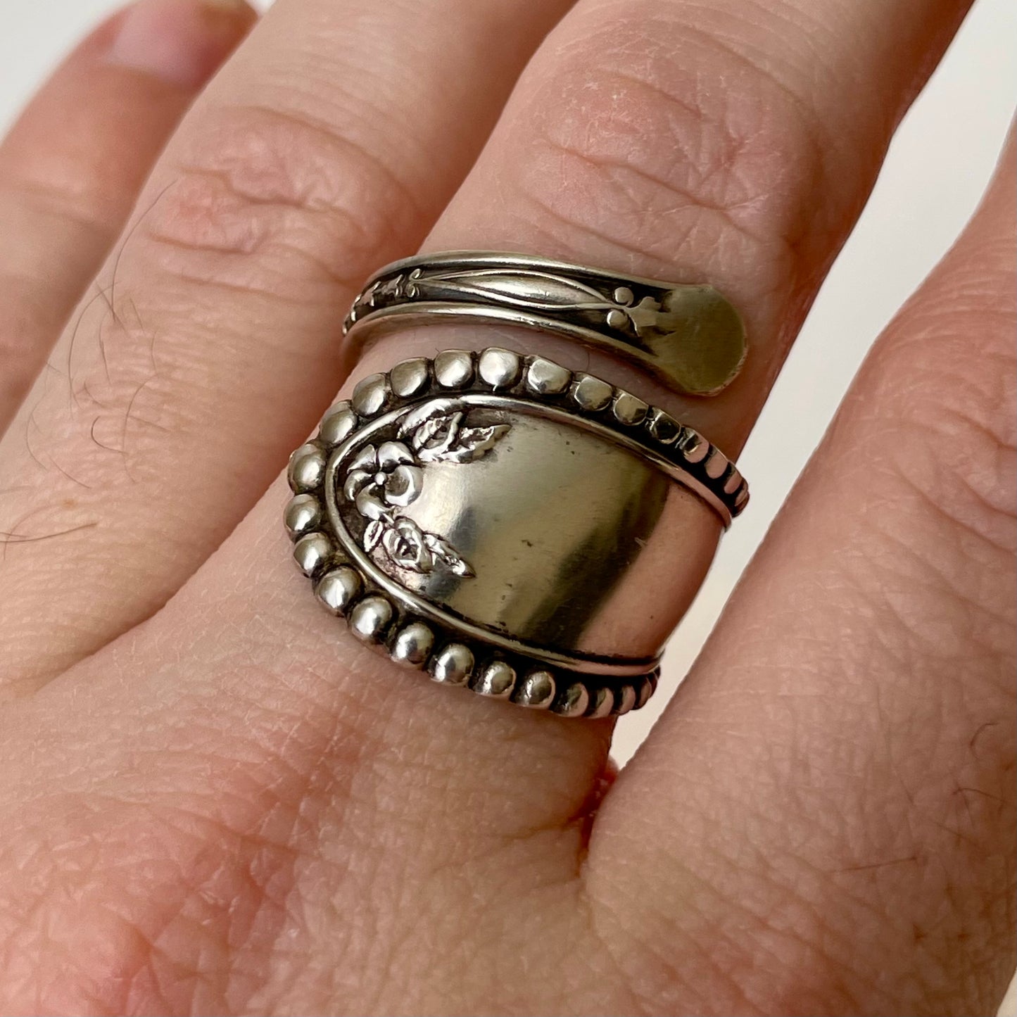 Art Nouveau Beaded Edge Sterling Silver Spoon Band Ring