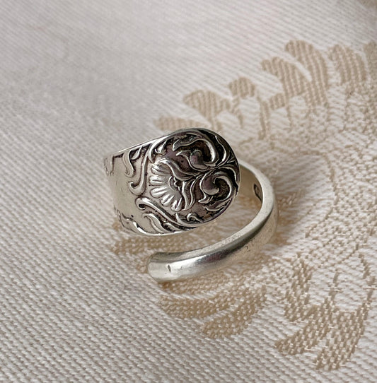 Ornate Floral Silver Spoon Ring