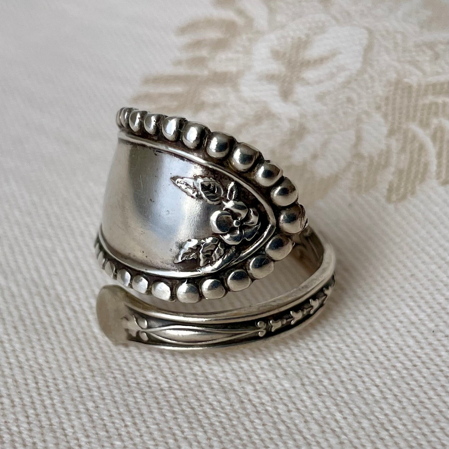 Art Nouveau Beaded Edge Sterling Silver Spoon Band Ring