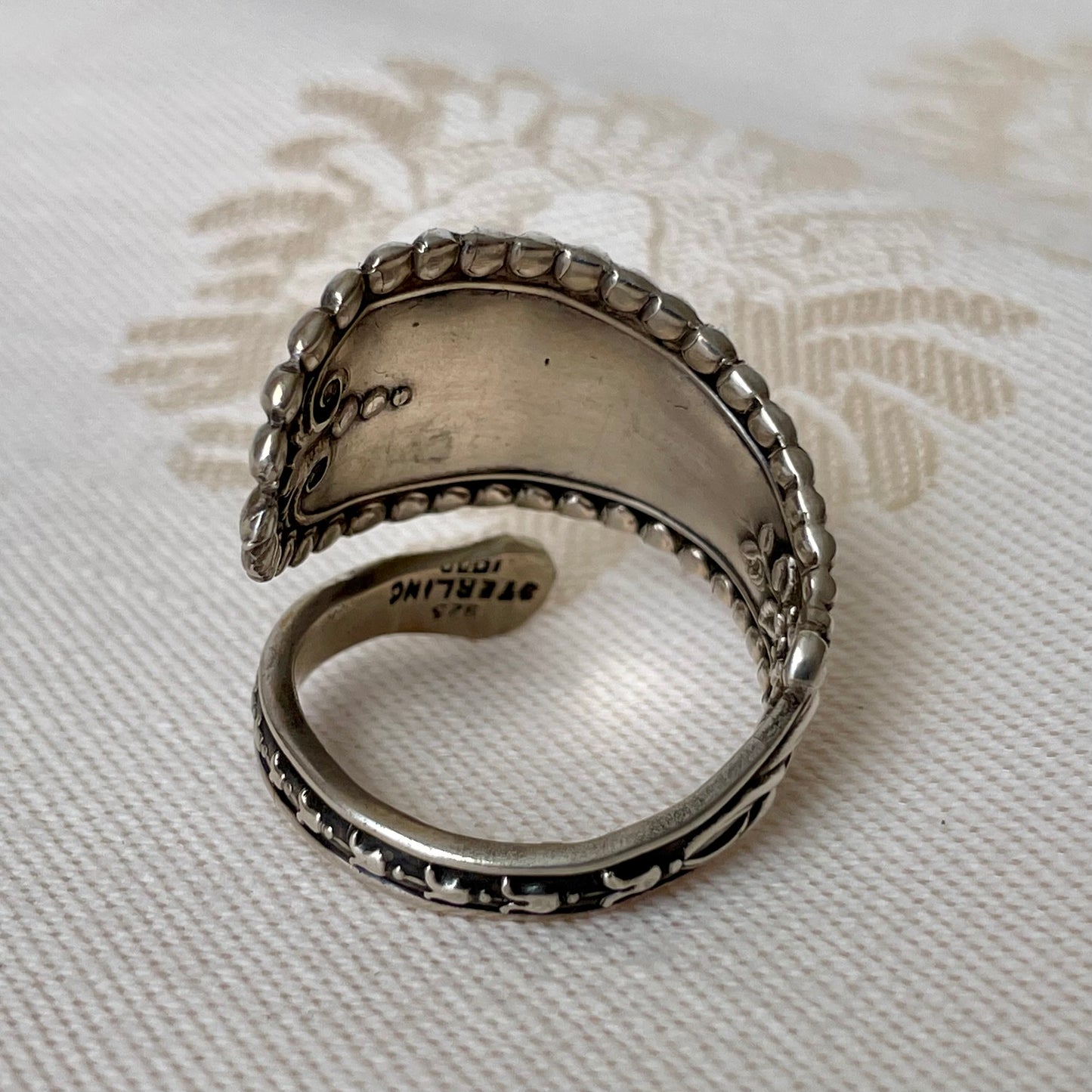 Art Nouveau Beaded Edge Sterling Silver Spoon Band Ring
