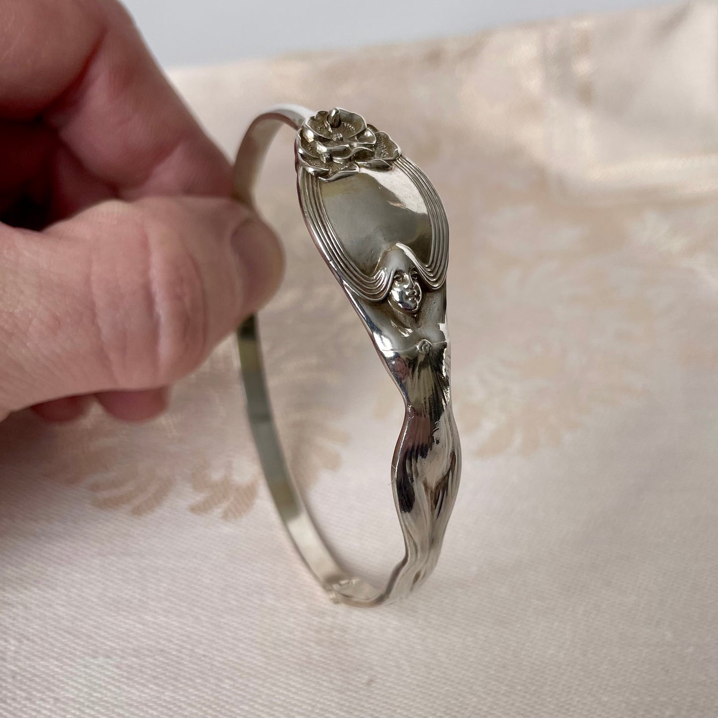 Art Nouveau Maiden Sterling Silver Spoon Handle Bracelet